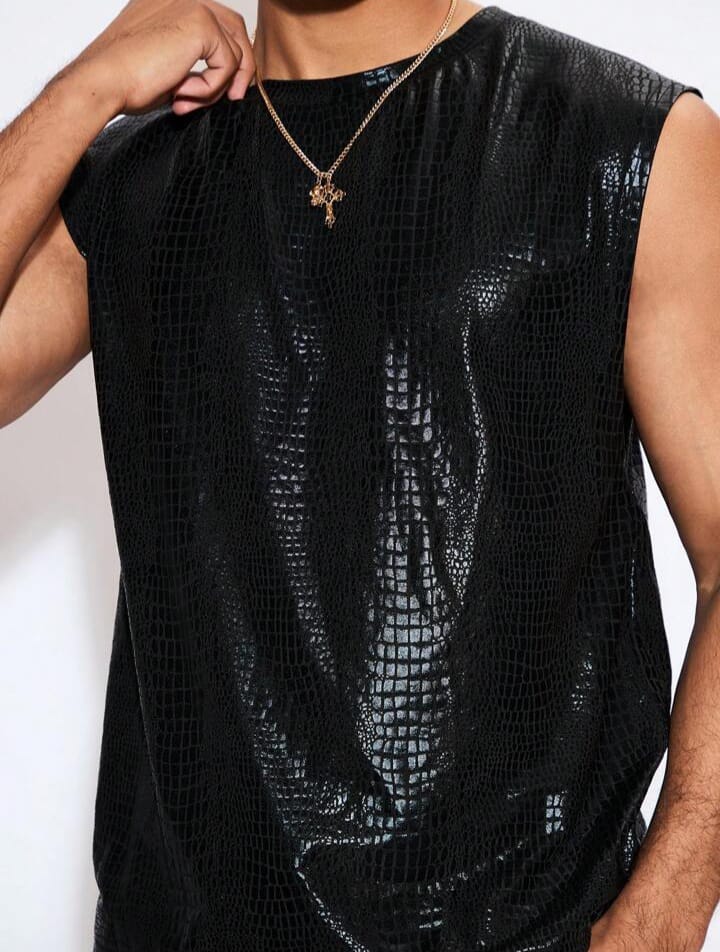 Men's Festival Clothing Knitted Leisure Snake Skin Print Pu Leather Fashion Broad Shoulder Black Plain Disco Sleeveless Tank Top